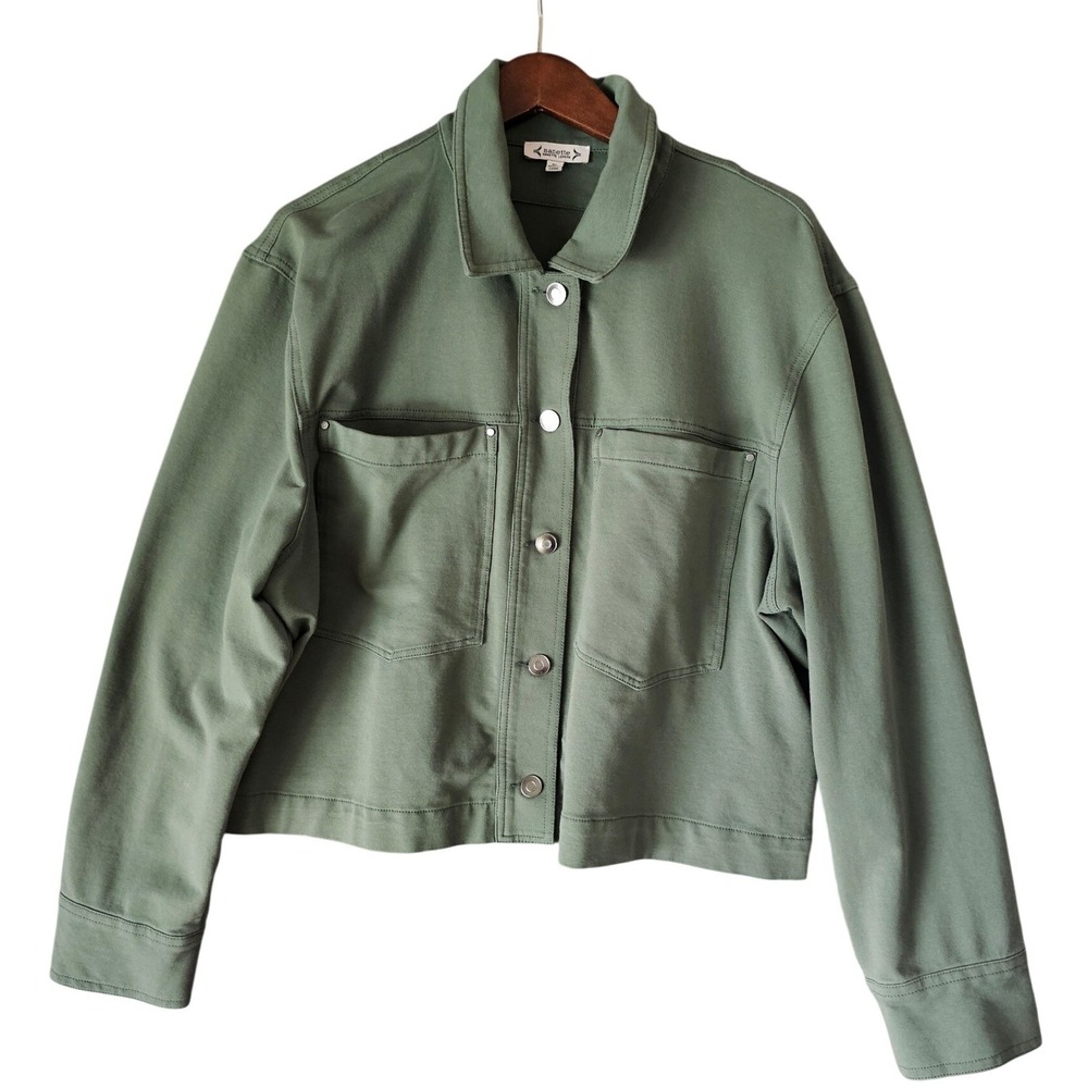 Nanette Lepore Olive Green Button Front Cotton Blend Utility Jacket Knit Size XL